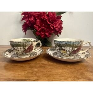 Vintage Johnson Bros Friendly Village Ice House Teacups and Saucers Pair England